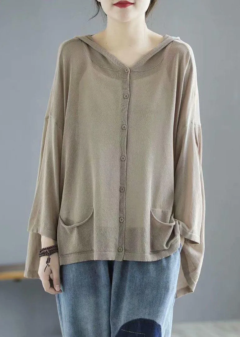 Modern Khaki Hooded Low High Design Pockets Linen Knit UPF 50  Coat Summer