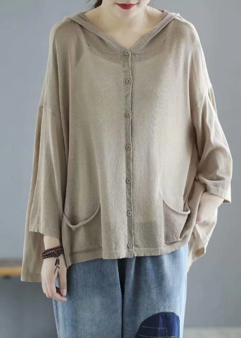Modern Khaki Hooded Low High Design Pockets Linen Knit UPF 50  Coat Summer