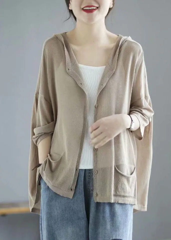 Modern Khaki Hooded Low High Design Pockets Linen Knit UPF 50  Coat Summer