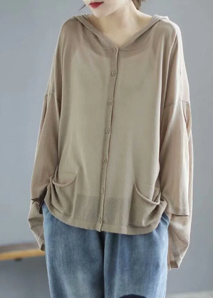 Modern Khaki Hooded Low High Design Pockets Linen Knit UPF 50  Coat Summer