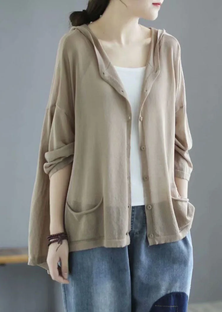 Modern Khaki Hooded Low High Design Pockets Linen Knit UPF 50  Coat Summer
