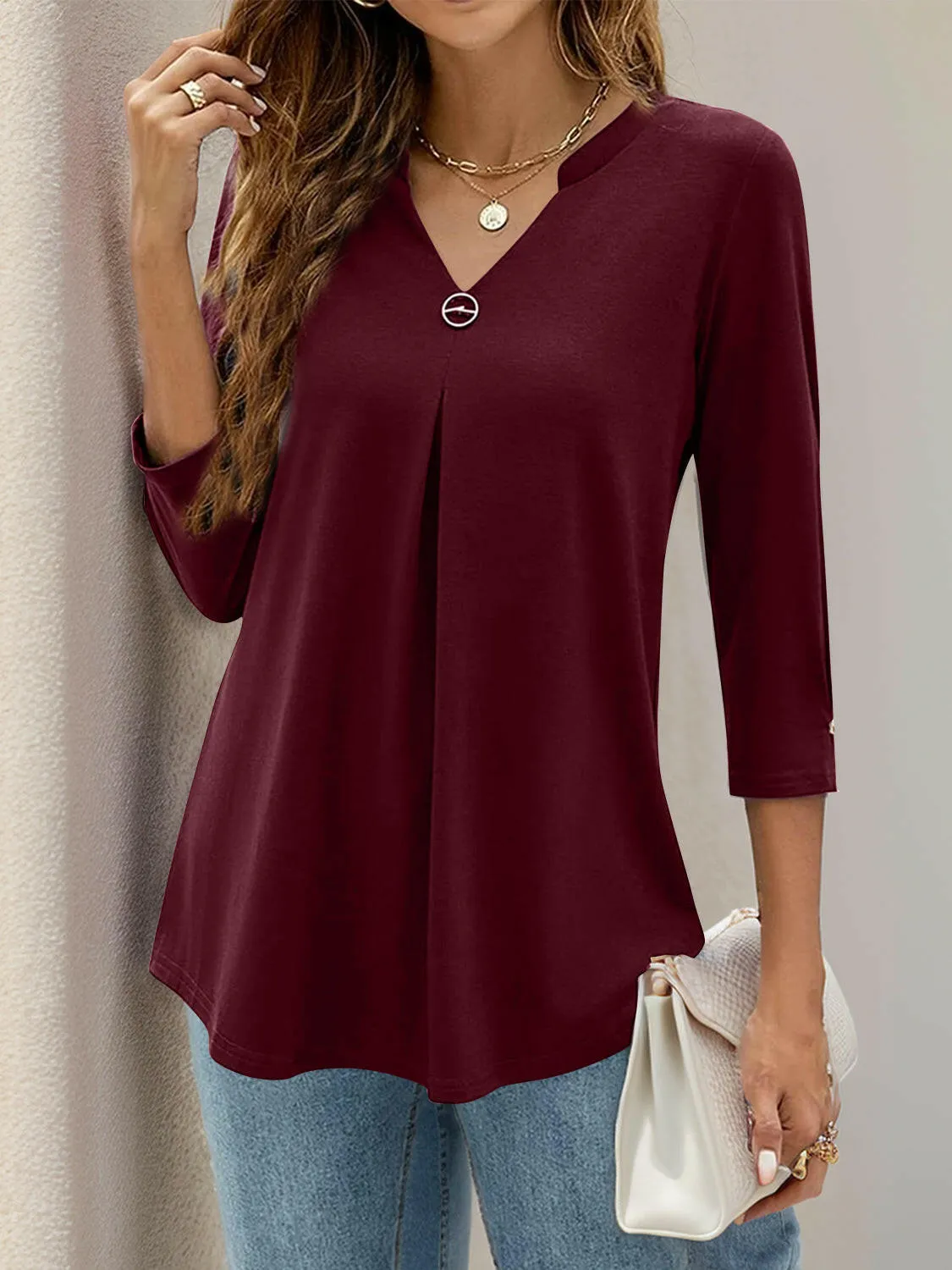 Notched Three-Quarter Sleeve Blouse