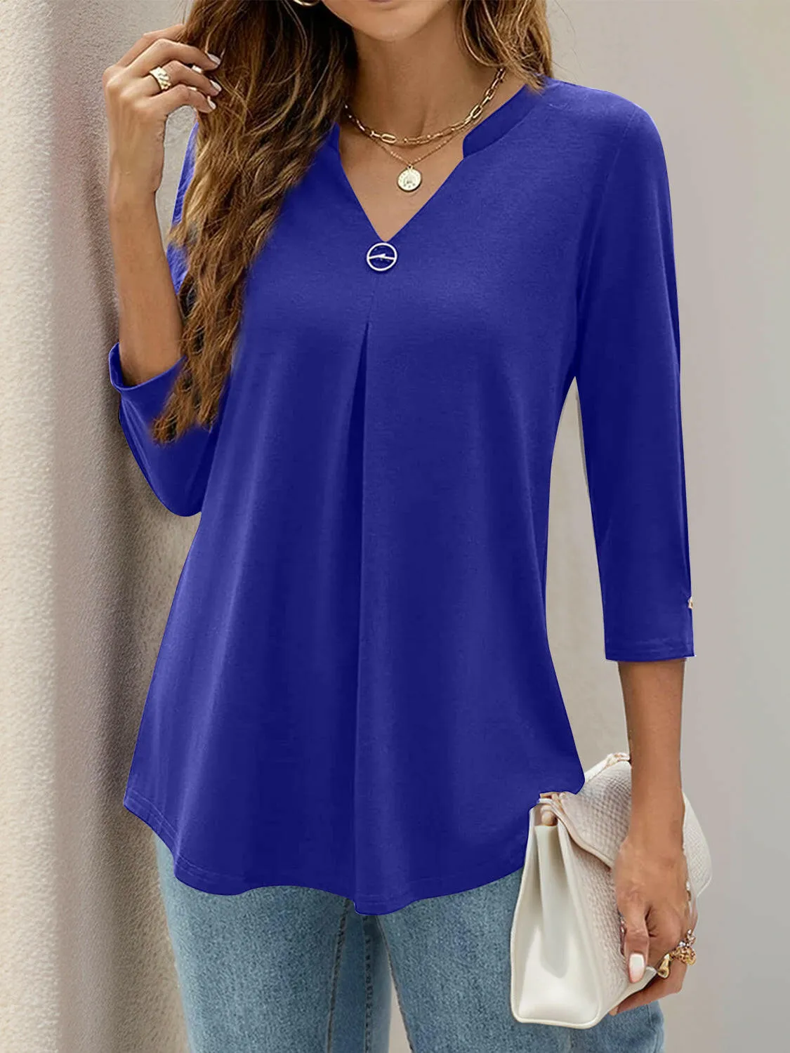Notched Three-Quarter Sleeve Blouse