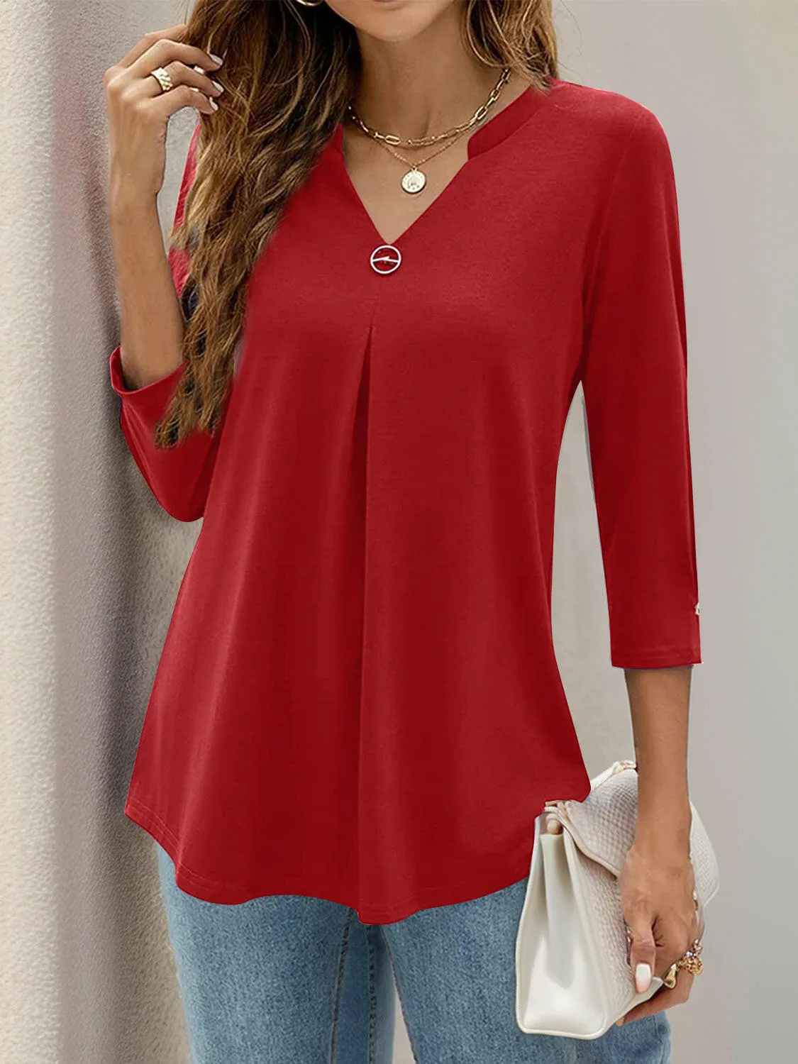 Notched Three-Quarter Sleeve Blouse