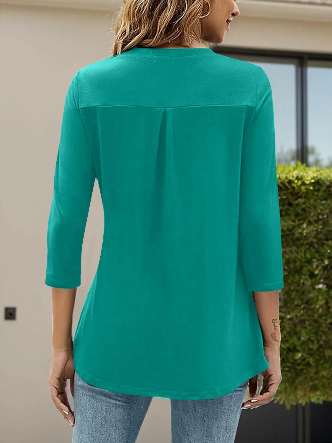 Notched Three-Quarter Sleeve Blouse
