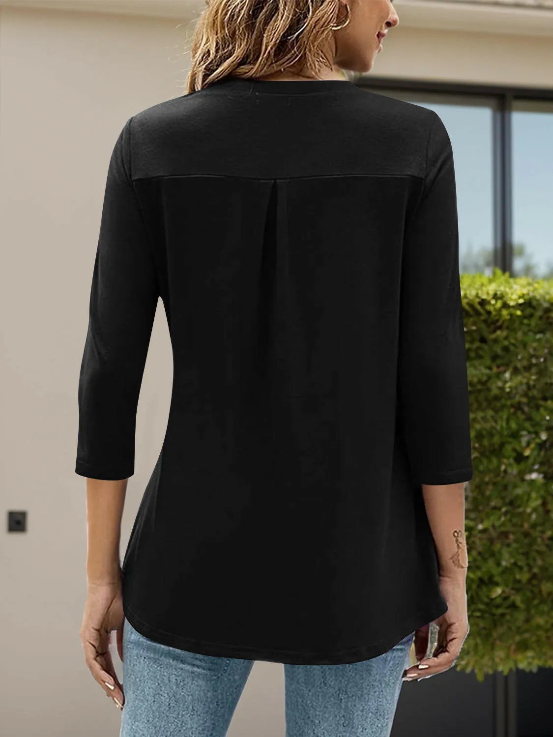 Notched Three-Quarter Sleeve Blouse