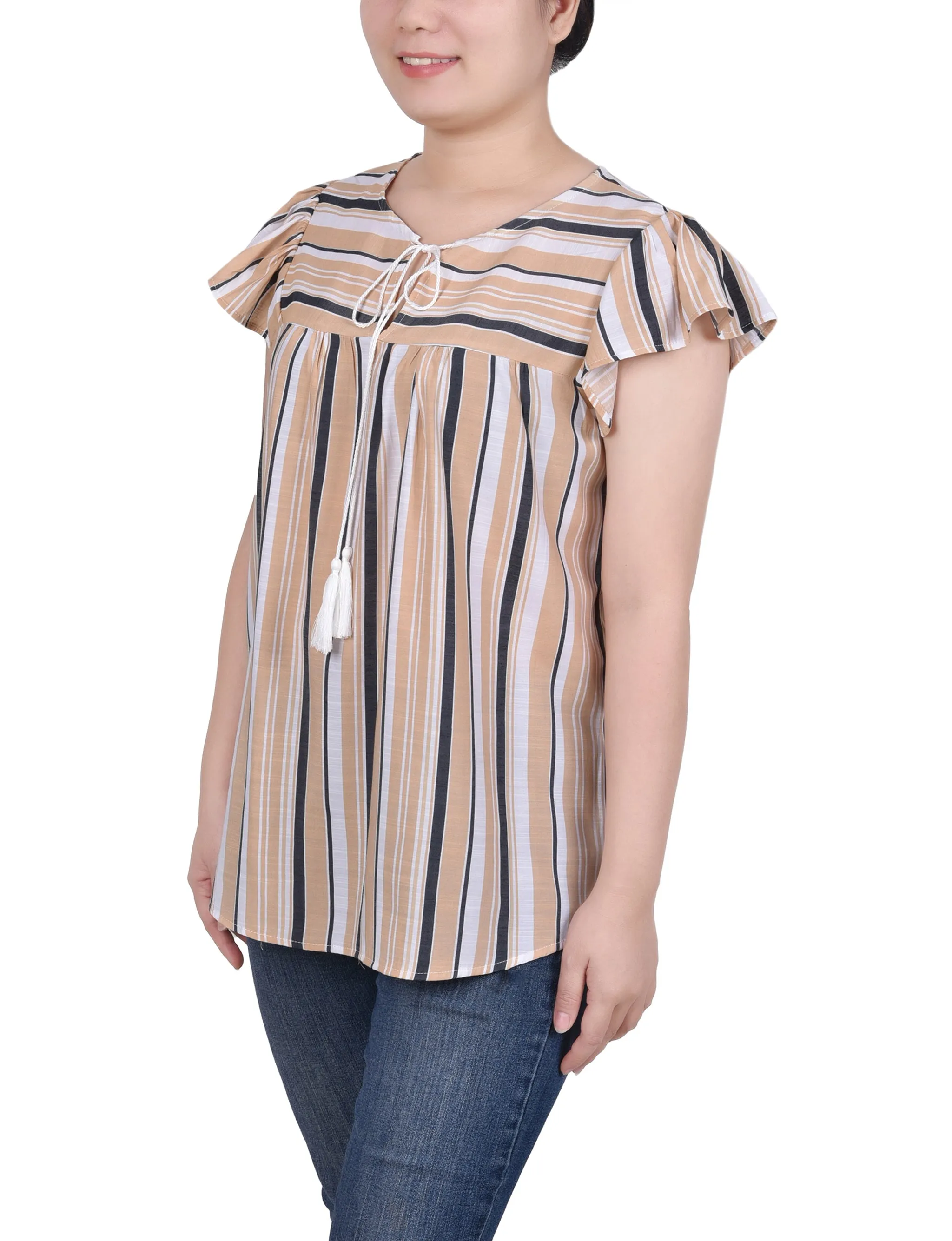 Petite Flutter Sleeve Vertical Striped Blouse