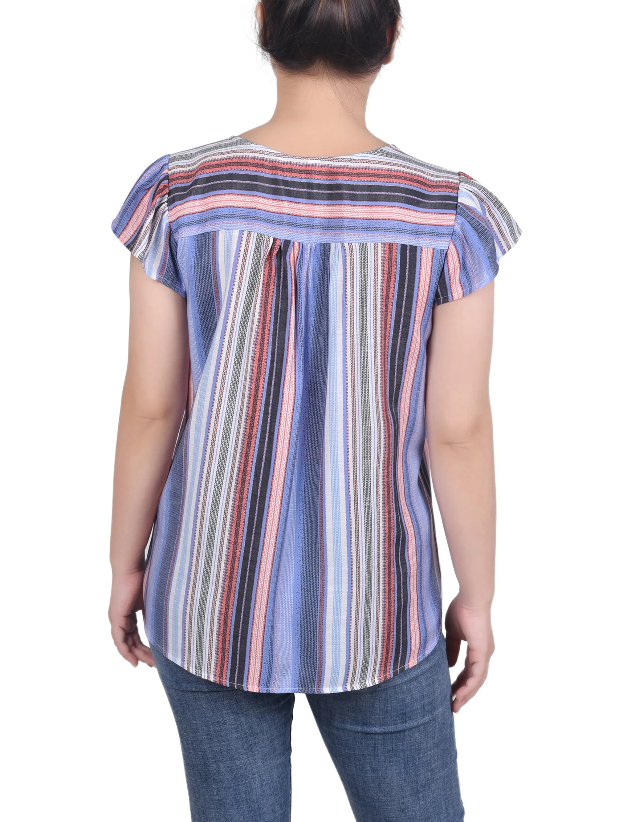 Petite Flutter Sleeve Vertical Striped Blouse