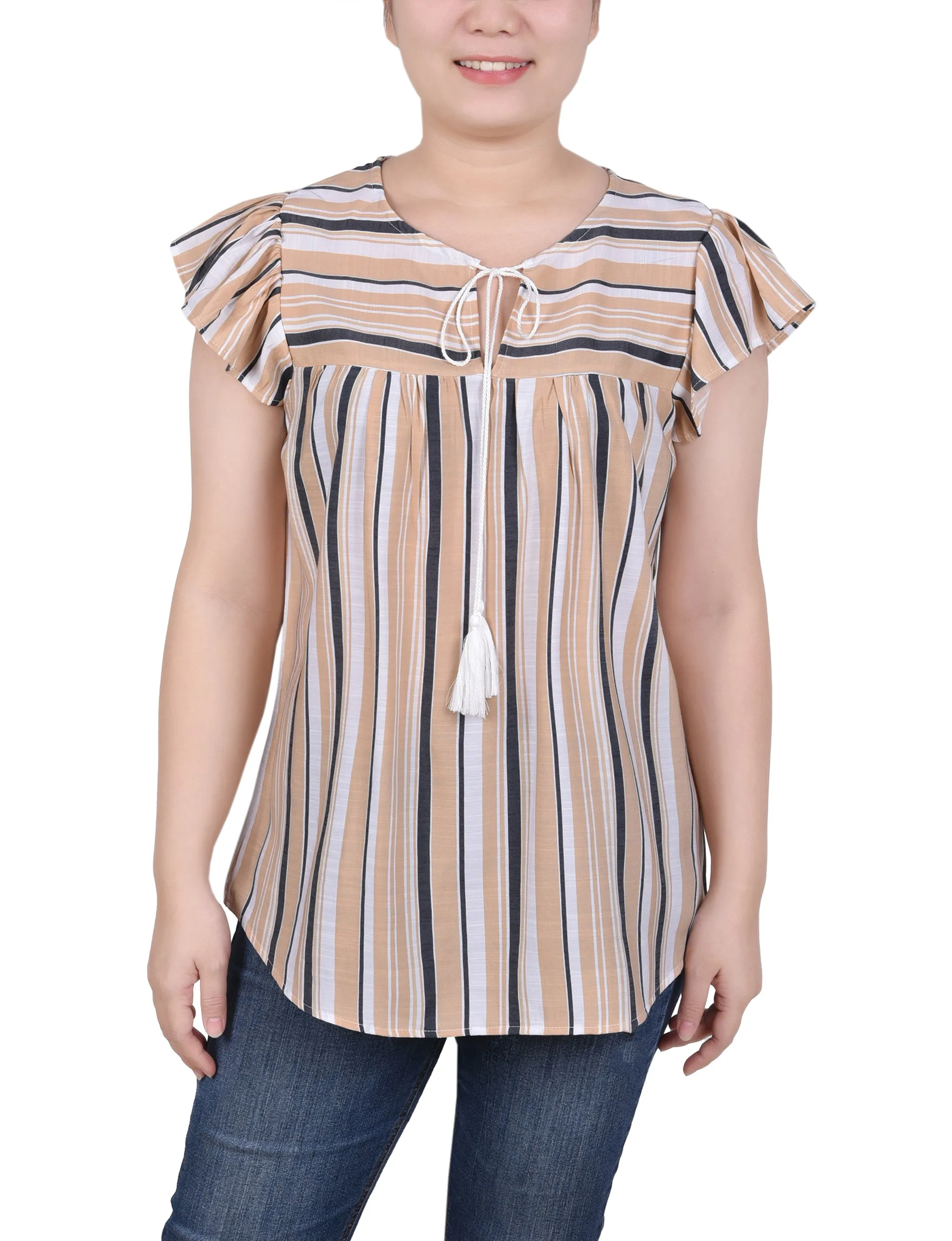 Petite Flutter Sleeve Vertical Striped Blouse