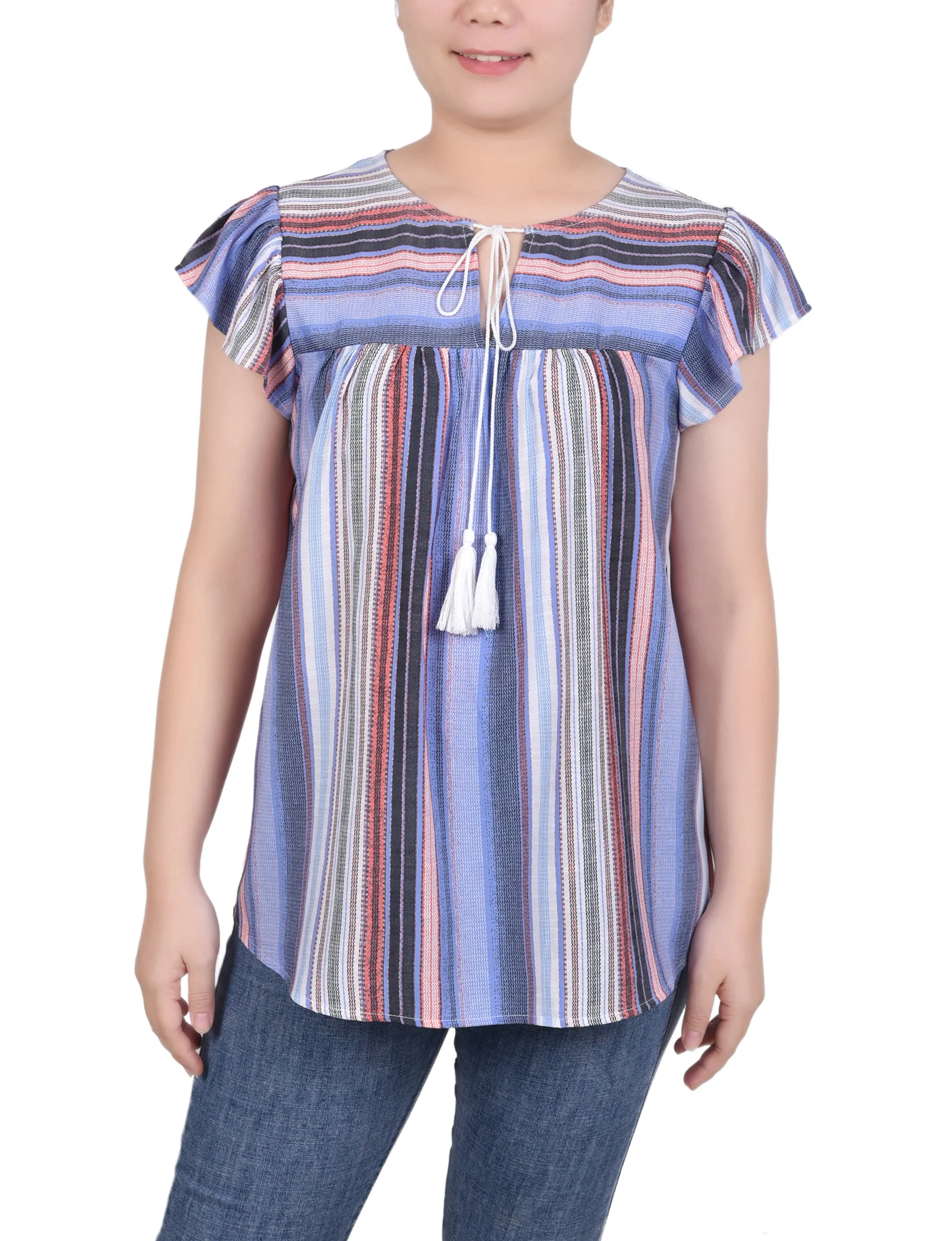 Petite Flutter Sleeve Vertical Striped Blouse