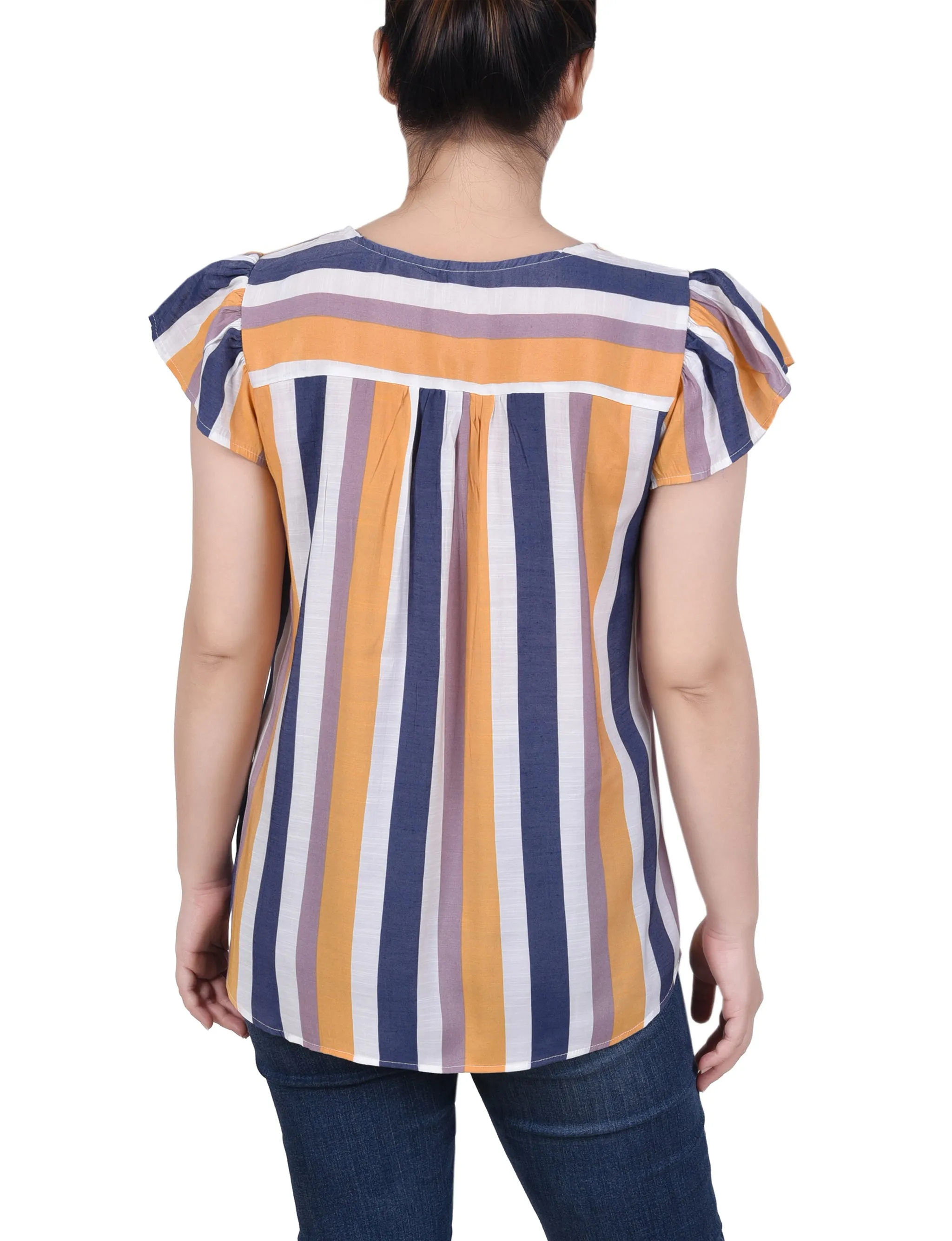 Petite Flutter Sleeve Vertical Striped Blouse