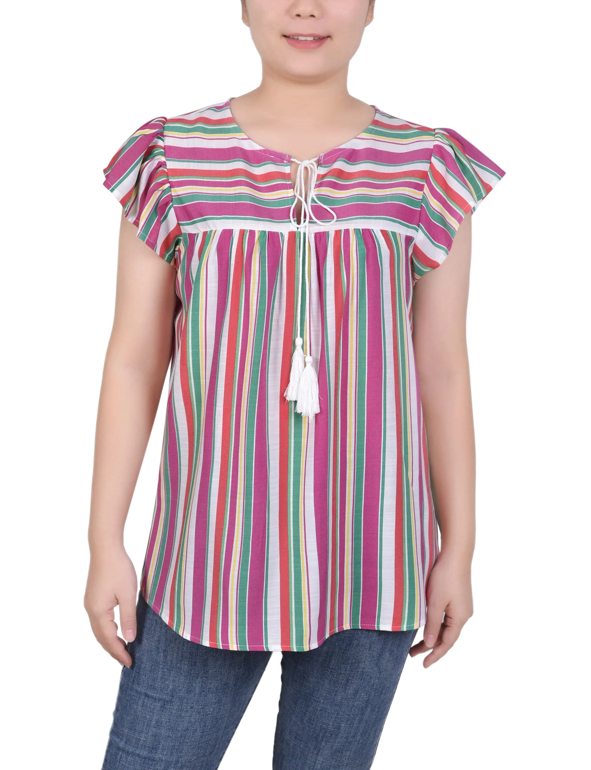 Petite Flutter Sleeve Vertical Striped Blouse
