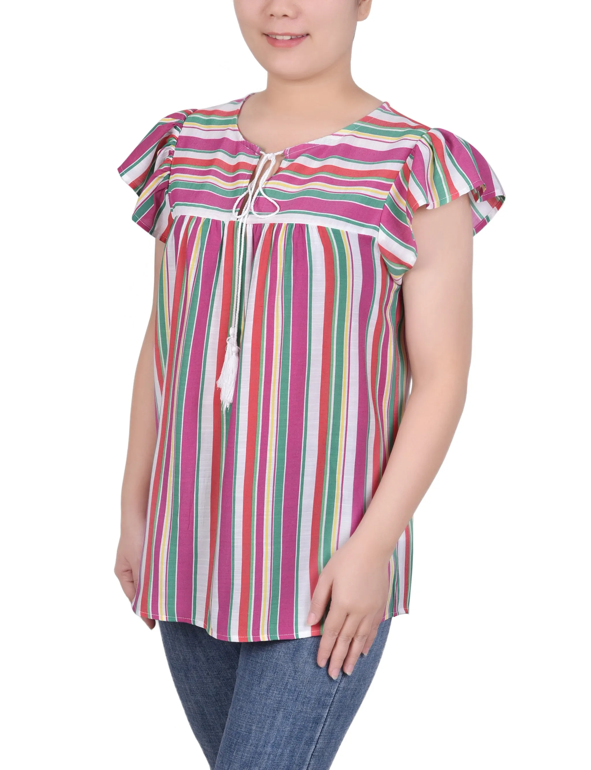 Petite Flutter Sleeve Vertical Striped Blouse