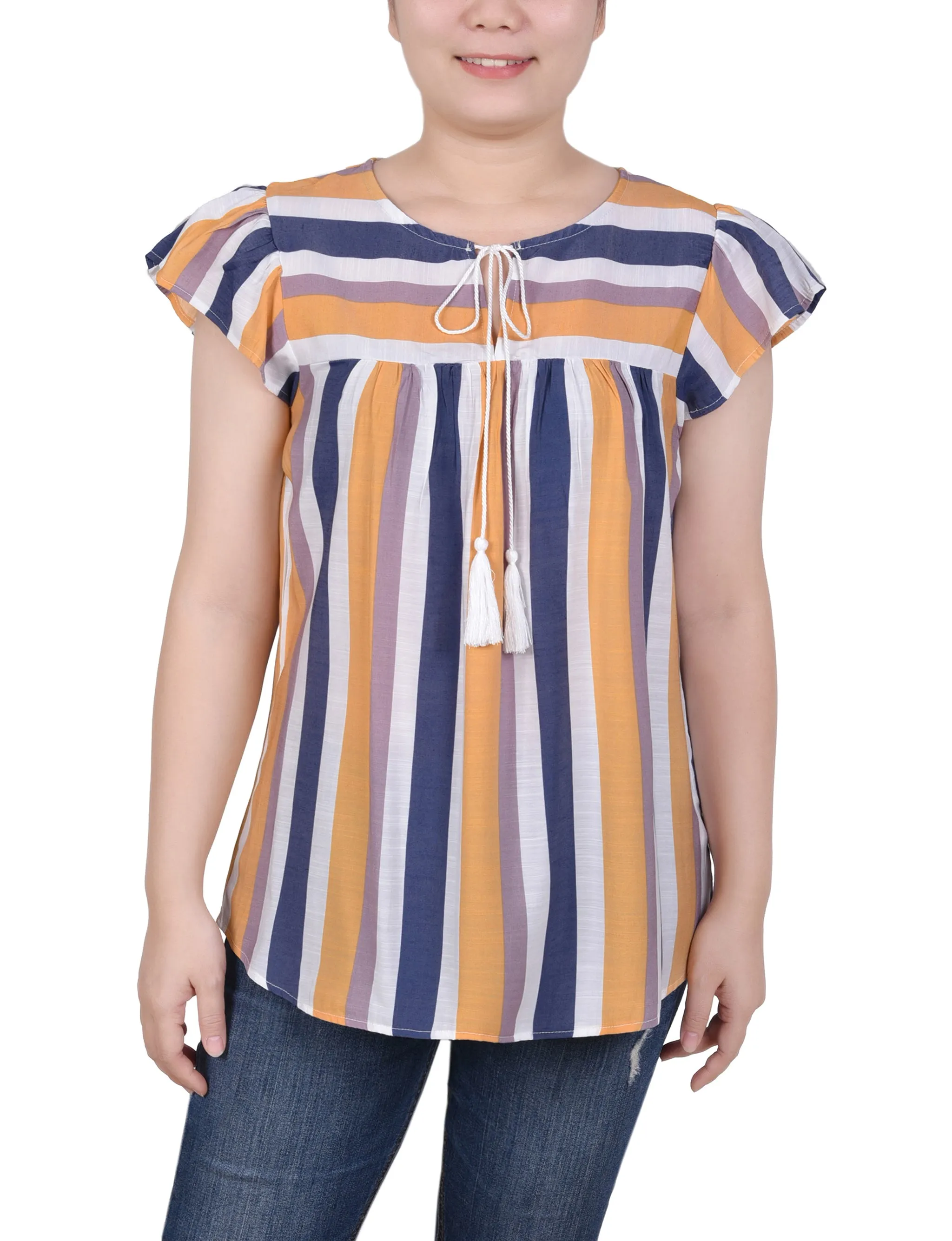 Petite Flutter Sleeve Vertical Striped Blouse
