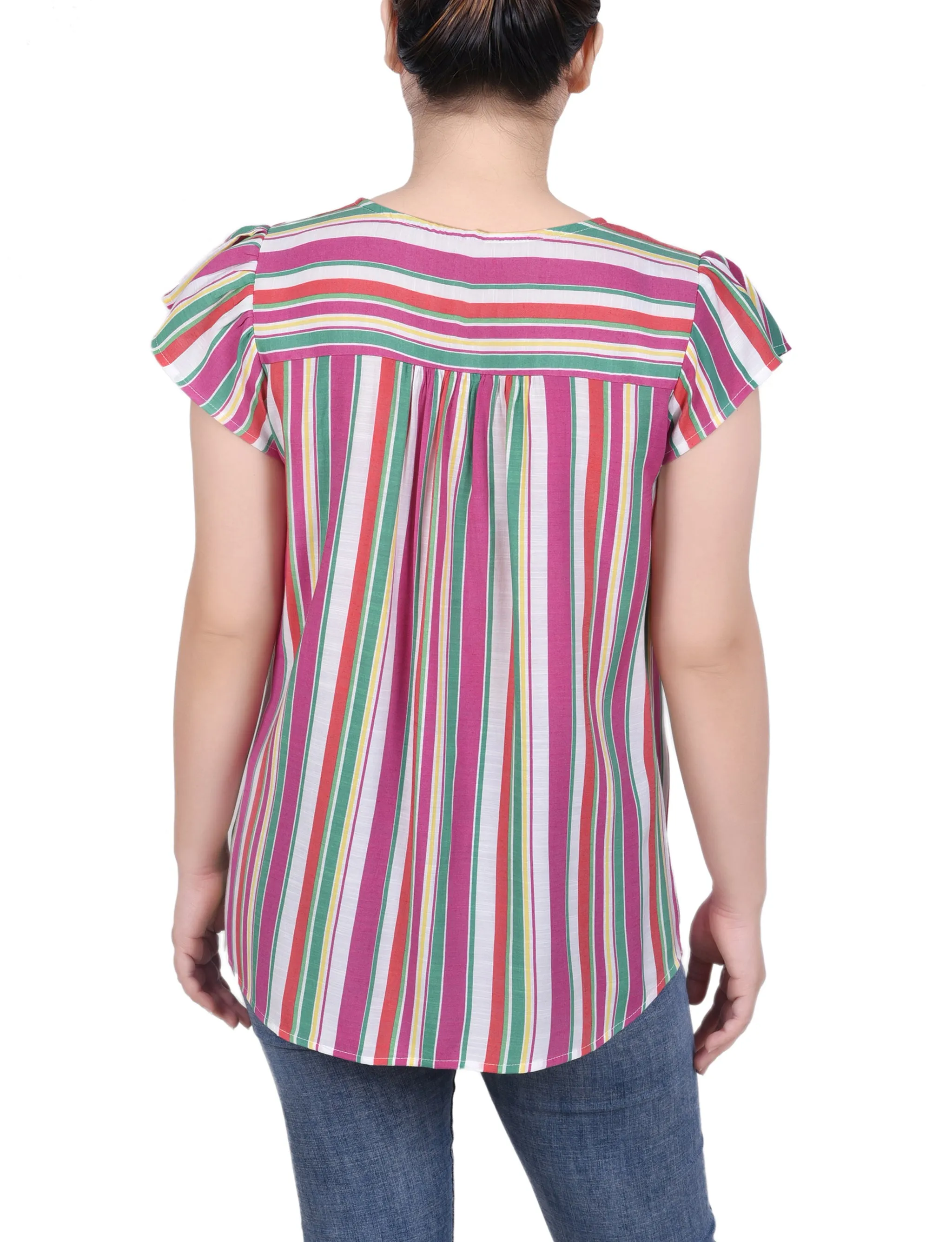 Petite Flutter Sleeve Vertical Striped Blouse
