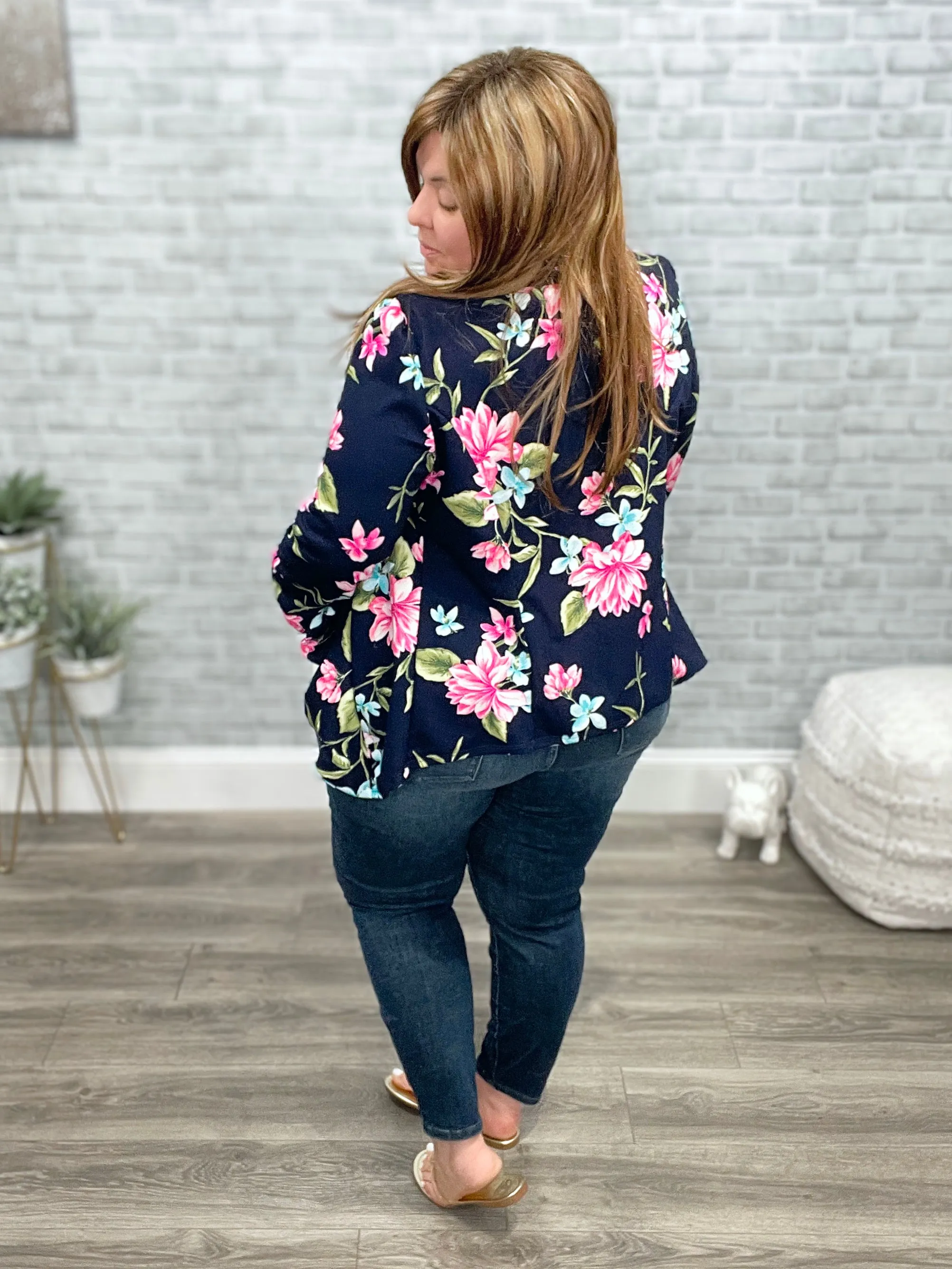 Stretchy Navy Floral Figure Flattering Blazer