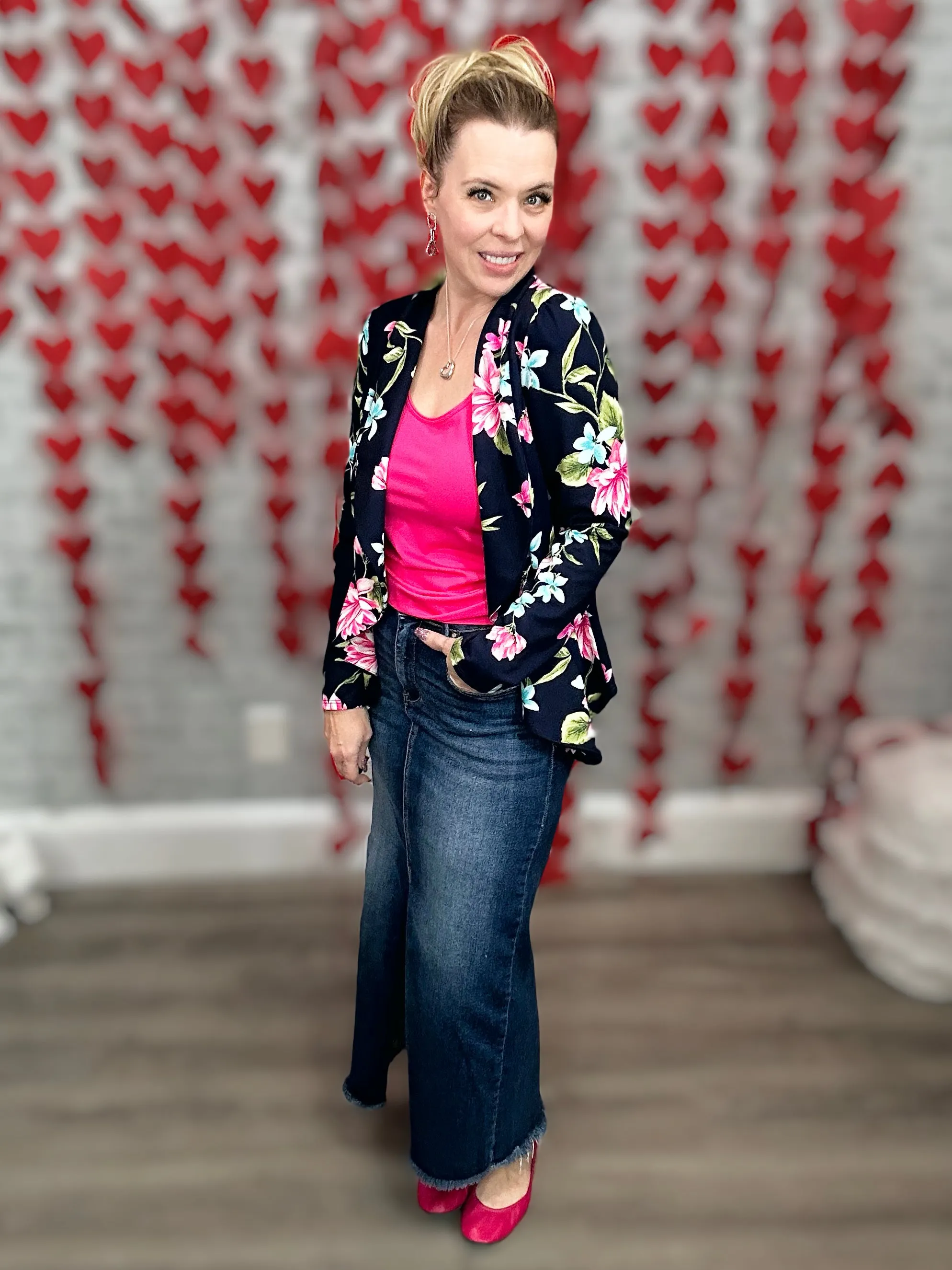 Stretchy Navy Floral Figure Flattering Blazer