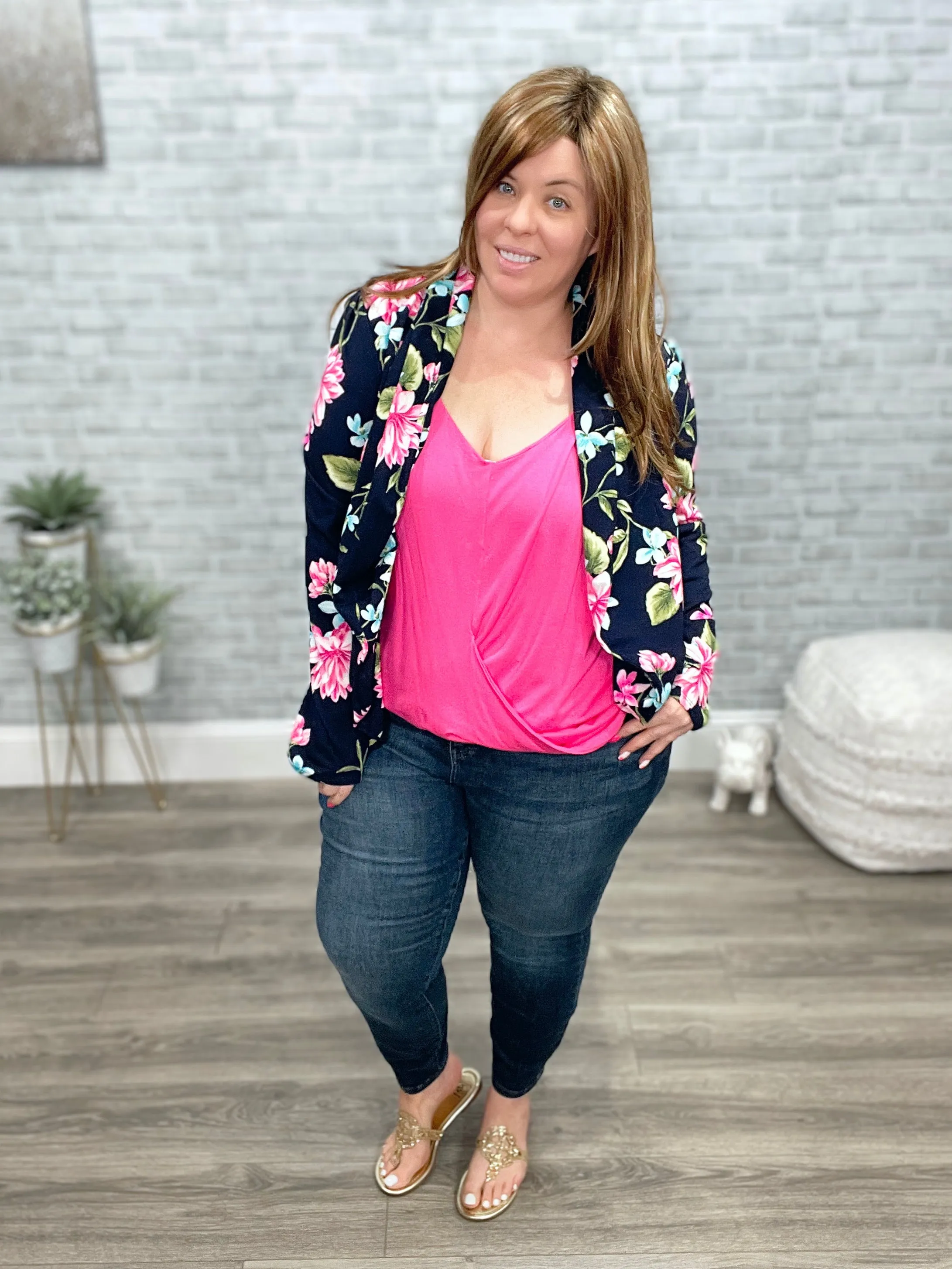 Stretchy Navy Floral Figure Flattering Blazer