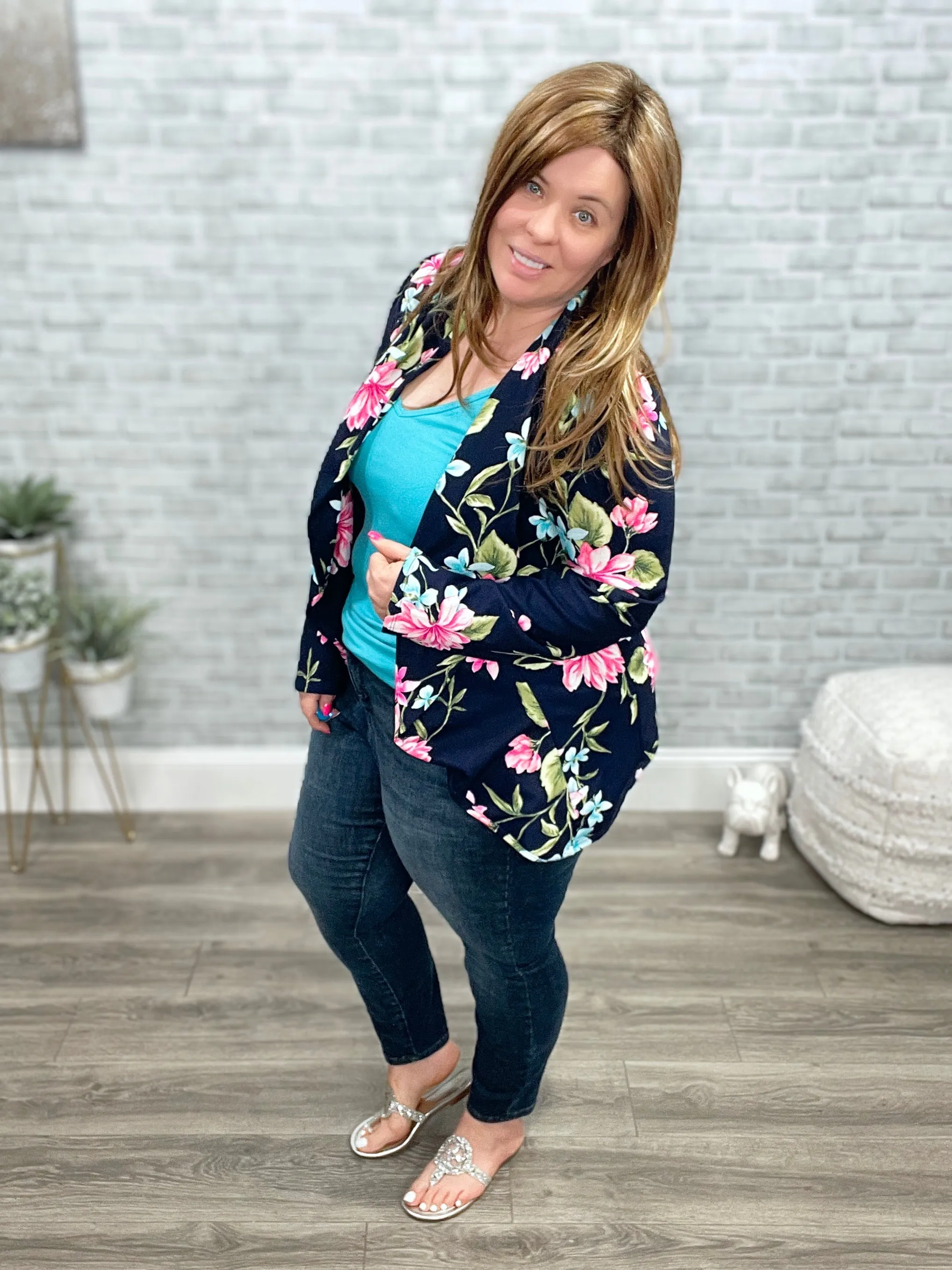 Stretchy Navy Floral Figure Flattering Blazer