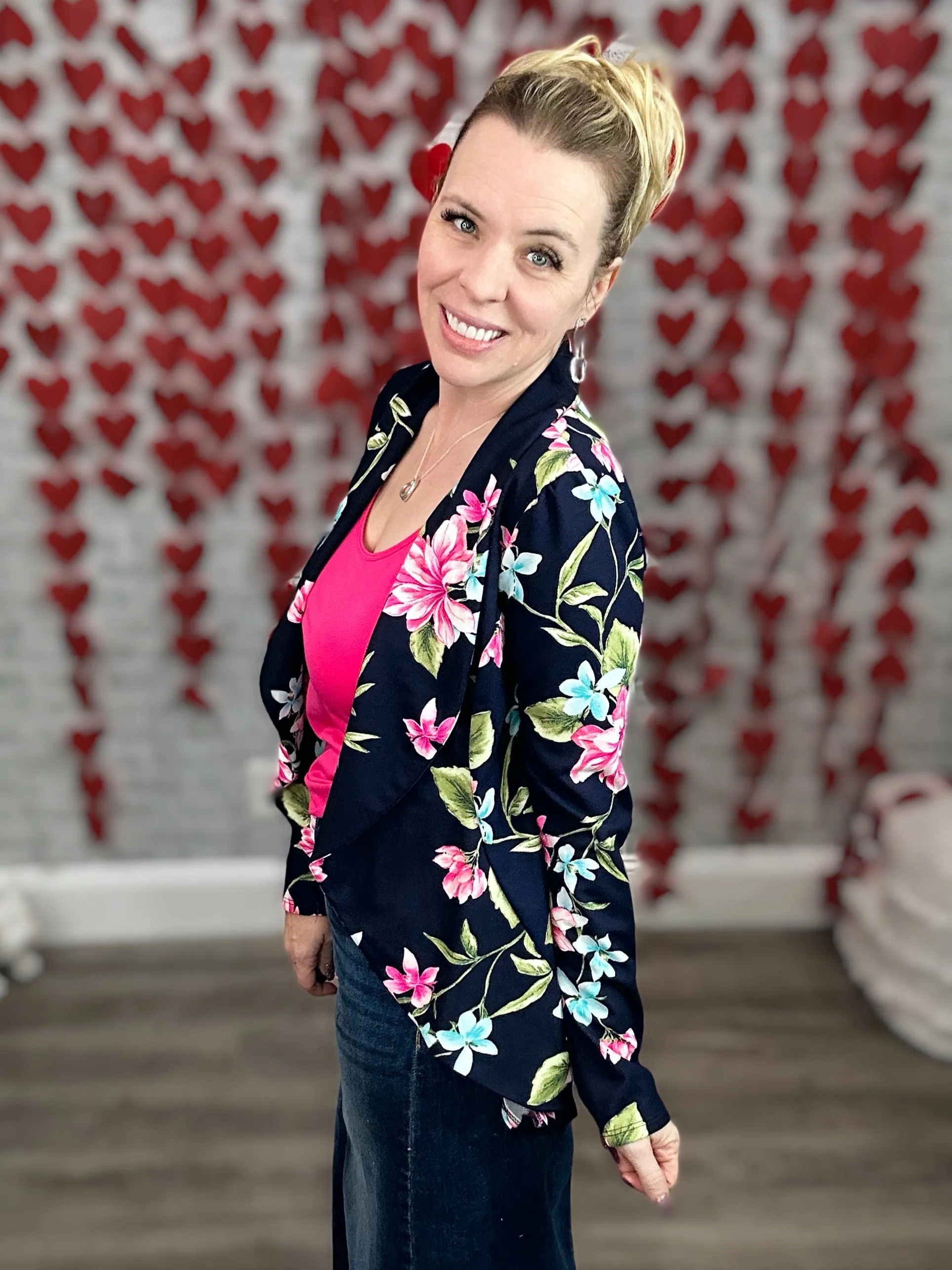 Stretchy Navy Floral Figure Flattering Blazer