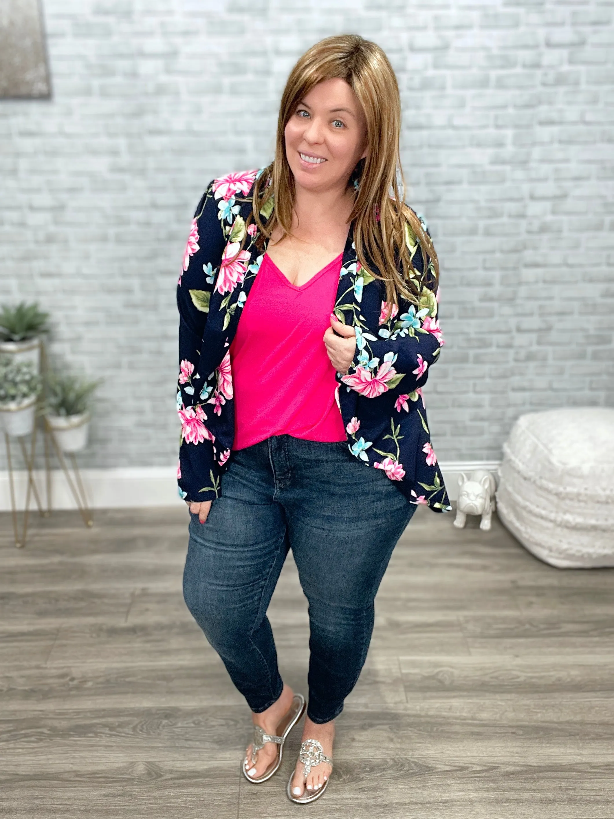 Stretchy Navy Floral Figure Flattering Blazer