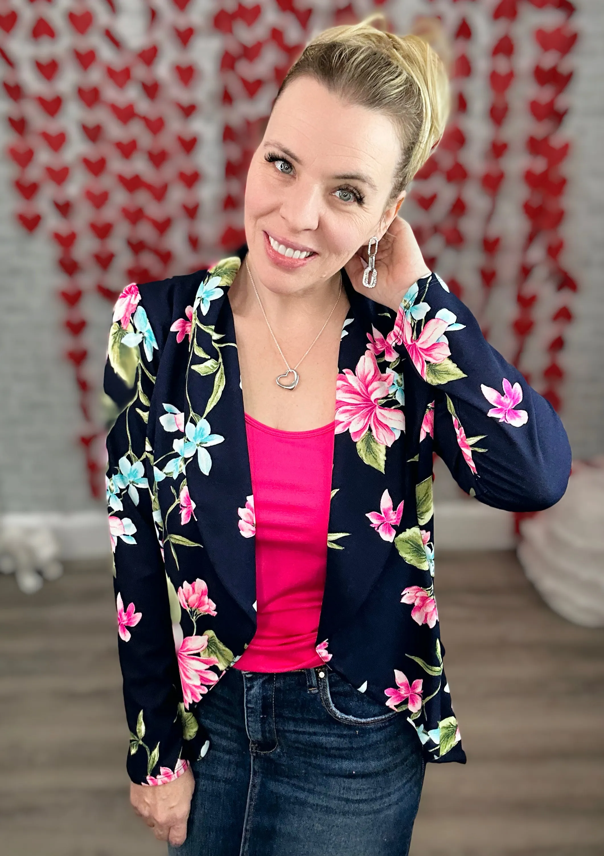 Stretchy Navy Floral Figure Flattering Blazer