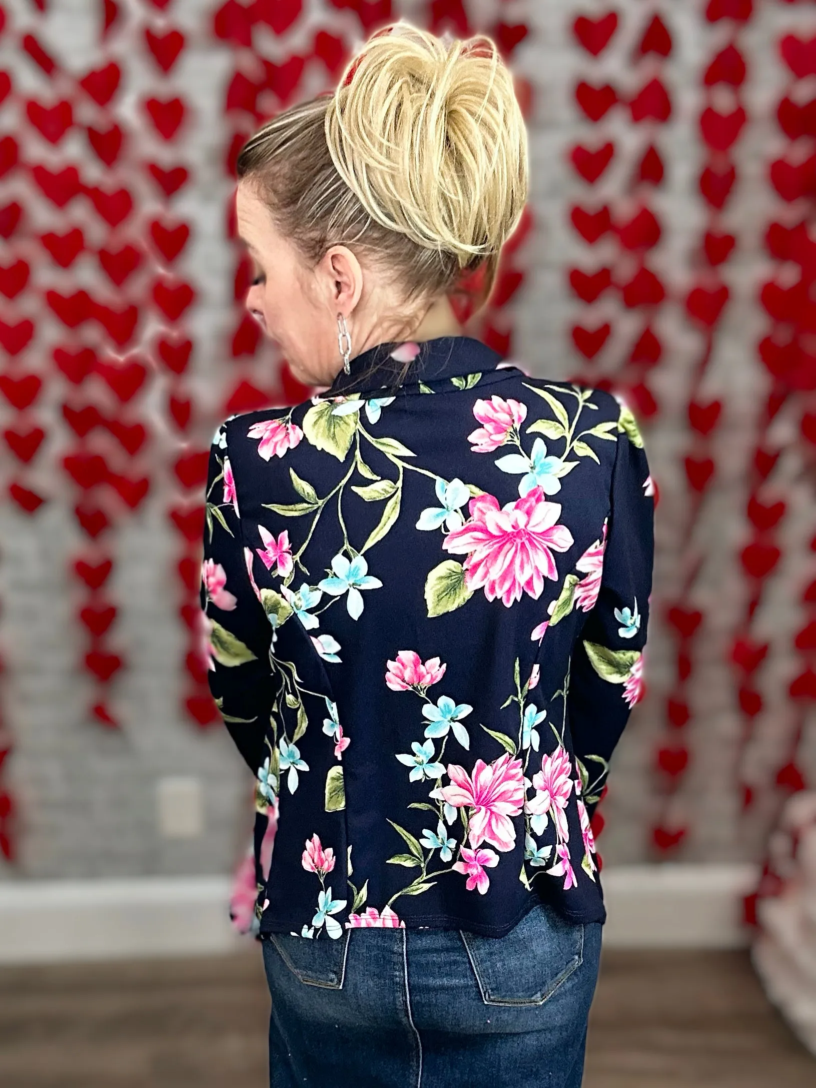 Stretchy Navy Floral Figure Flattering Blazer
