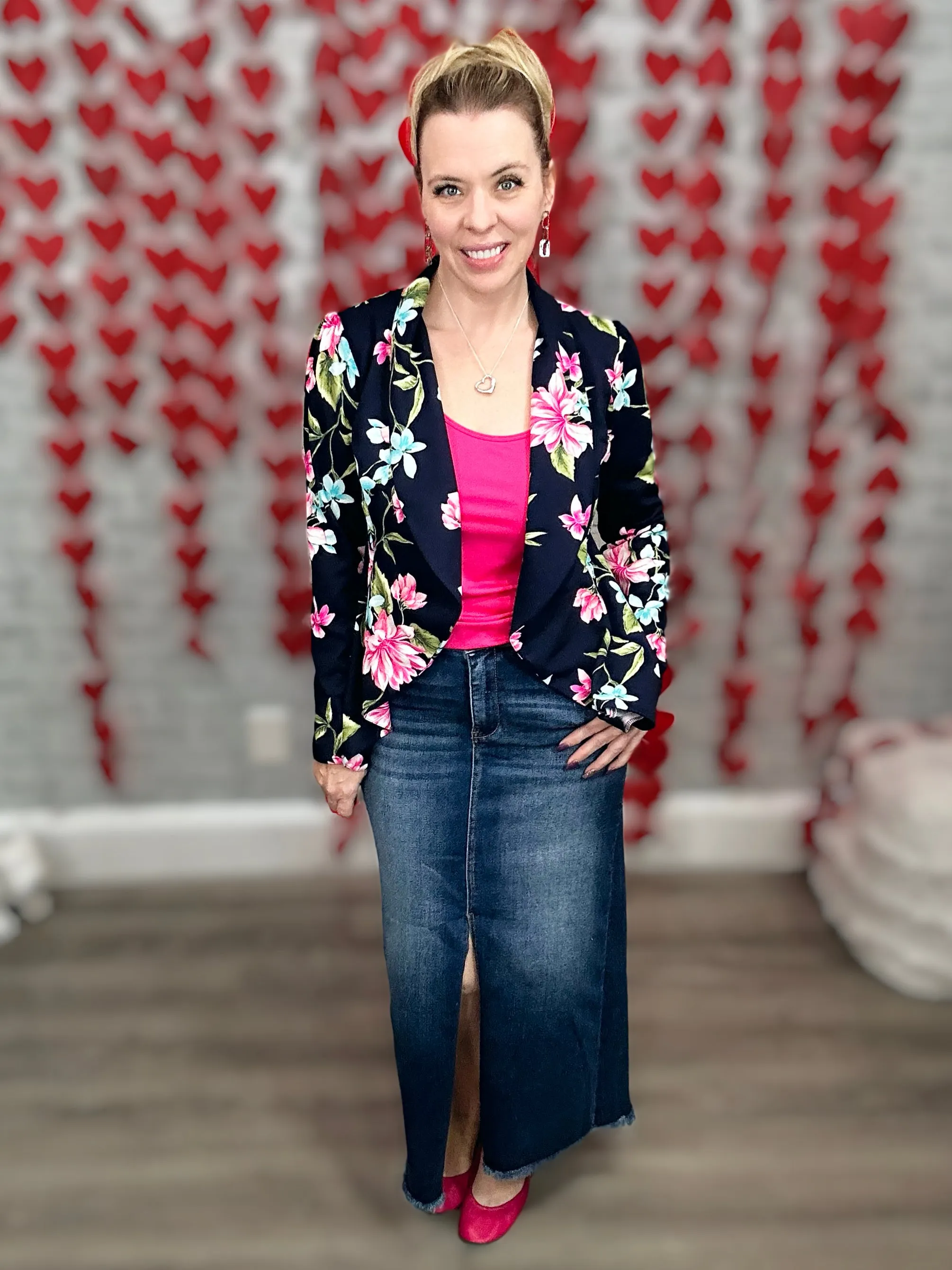 Stretchy Navy Floral Figure Flattering Blazer