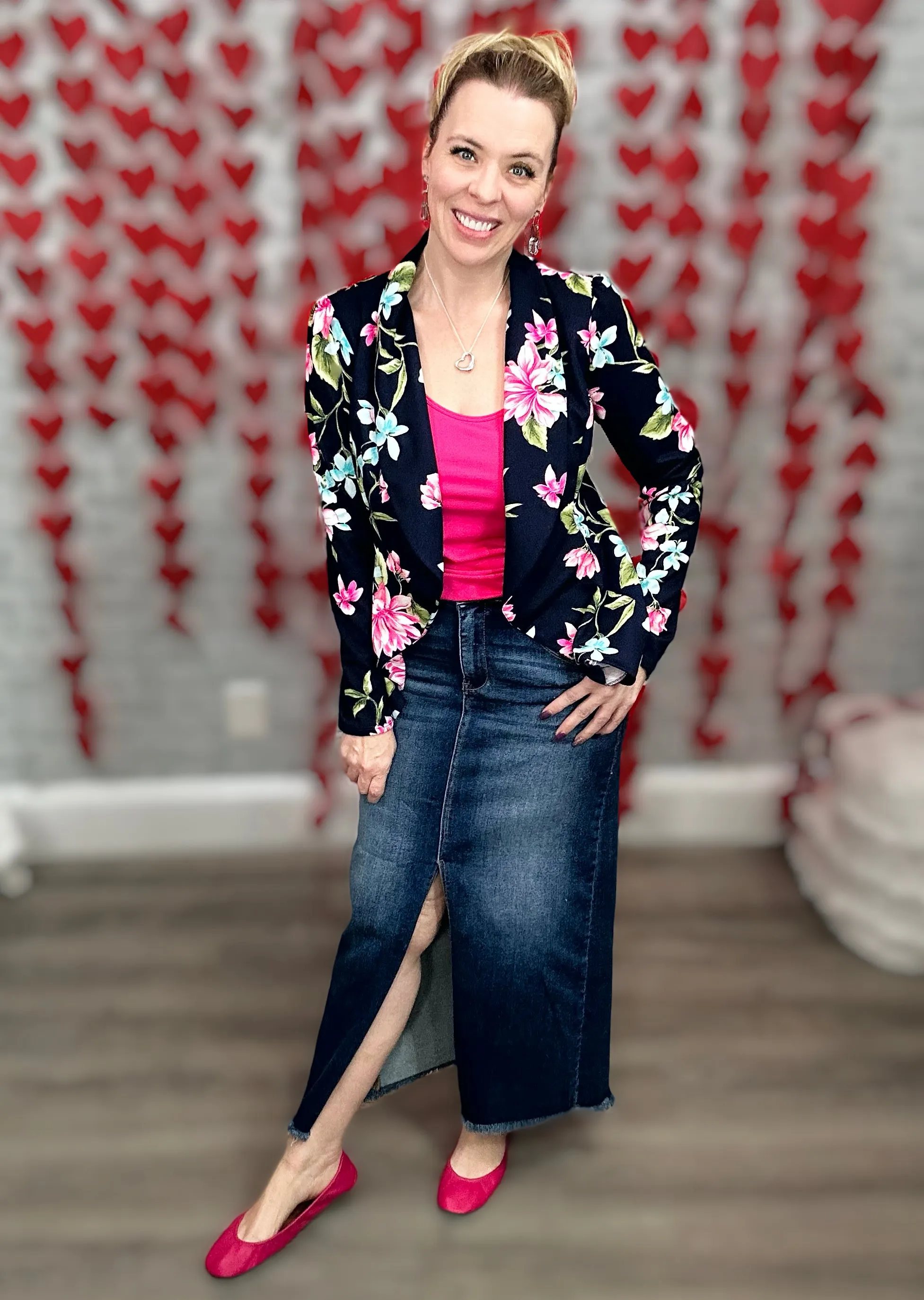 Stretchy Navy Floral Figure Flattering Blazer