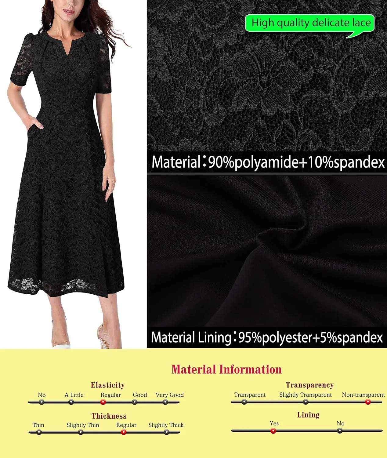 VFSHOW Women Pleated Notch V Neck Pockets Buttons Work Office Business A-Line Midi Dress