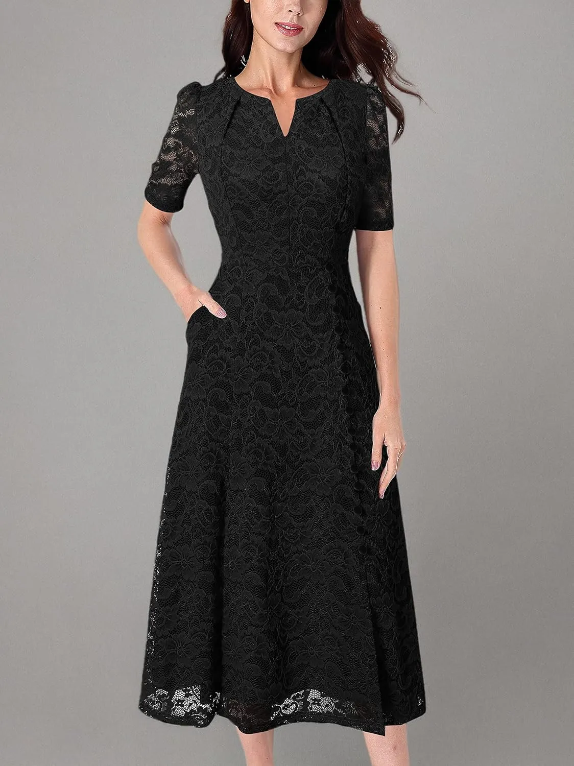 VFSHOW Women Pleated Notch V Neck Pockets Buttons Work Office Business A-Line Midi Dress