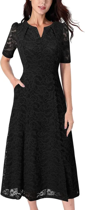 VFSHOW Women Pleated Notch V Neck Pockets Buttons Work Office Business A-Line Midi Dress