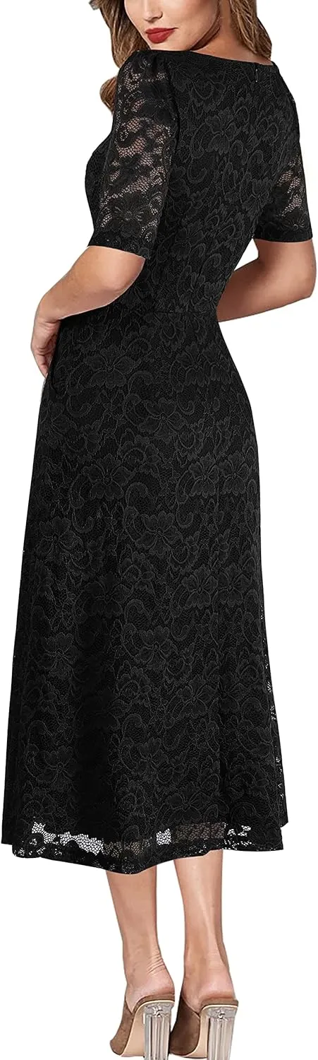 VFSHOW Women Pleated Notch V Neck Pockets Buttons Work Office Business A-Line Midi Dress
