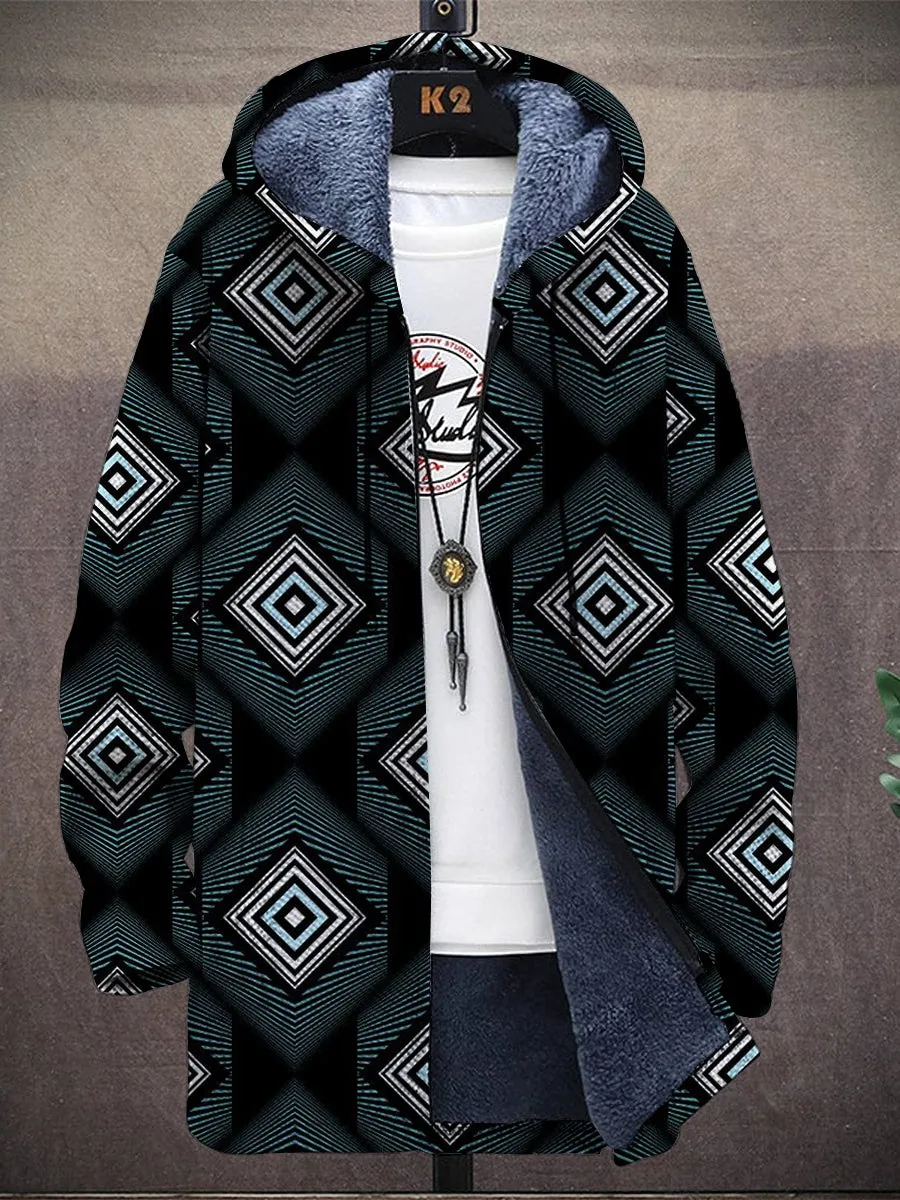 Vintage Geometric Pattern Hooded Two-Pocket Fleece Jacket