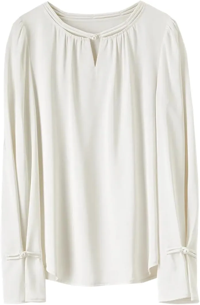 Women Chinese Style Hollow Out Blouse Crewneck Loose Fit Shirts Flare Sleeve Pullover Top