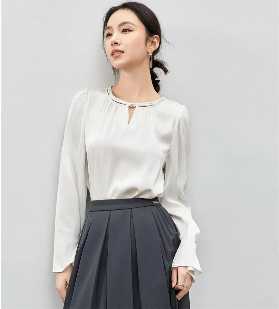 Women Chinese Style Hollow Out Blouse Crewneck Loose Fit Shirts Flare Sleeve Pullover Top