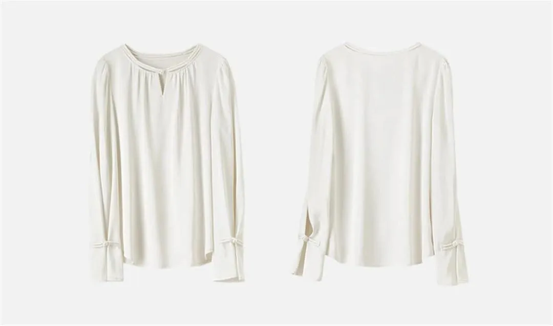 Women Chinese Style Hollow Out Blouse Crewneck Loose Fit Shirts Flare Sleeve Pullover Top