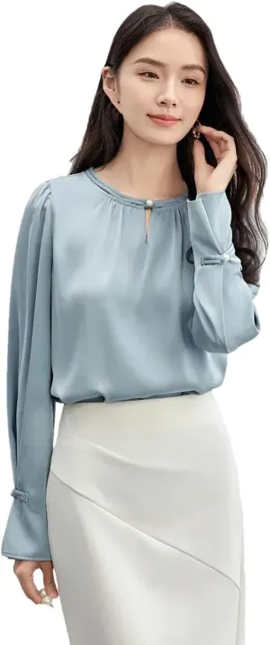 Women Chinese Style Hollow Out Blouse Crewneck Loose Fit Shirts Flare Sleeve Pullover Top