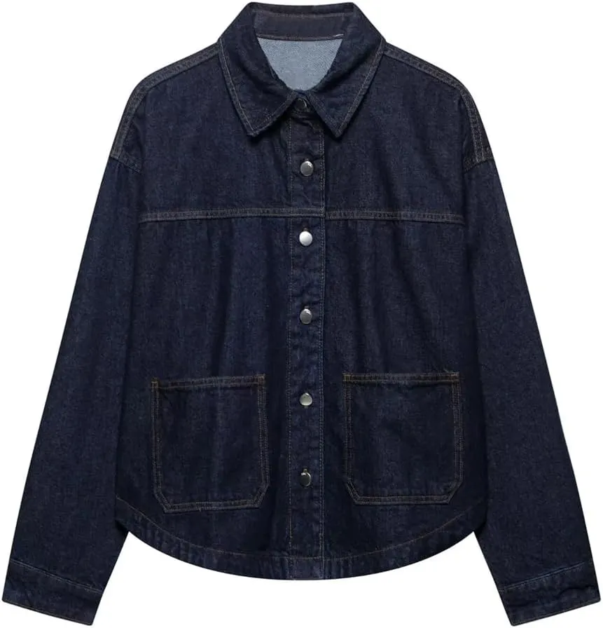 Women Loose Patchwork Pocket Blouse Lapel Long Sleeve Style Spring Jacket Casual Work Top