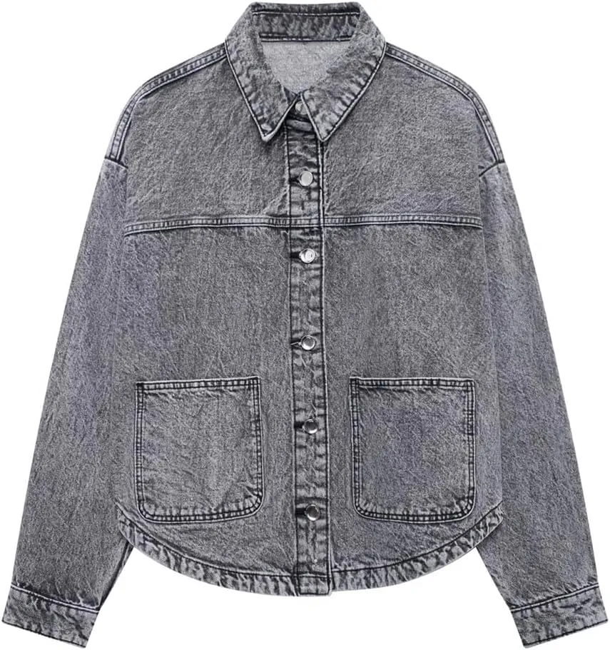 Women Loose Patchwork Pocket Blouse Lapel Long Sleeve Style Spring Jacket Casual Work Top