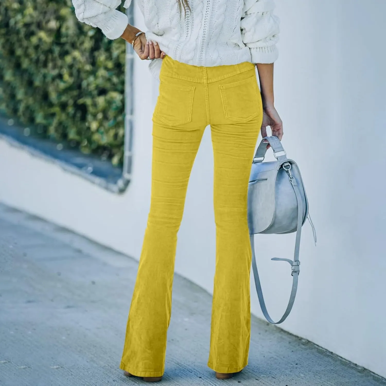 Women's Corduroy Flare Pants Skinny High Waisted Business Casual Pant Side Zipper Wide Leg Trousers with Pockets