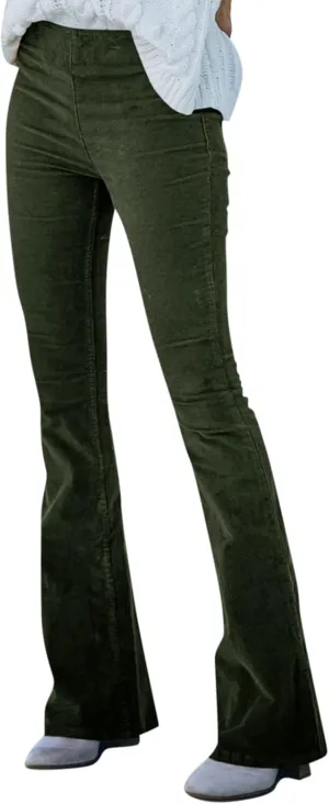 Women's Corduroy Flare Pants Skinny High Waisted Business Casual Pant Side Zipper Wide Leg Trousers with Pockets