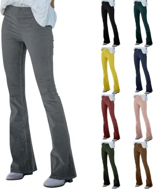 Women's Corduroy Flare Pants Skinny High Waisted Business Casual Pant Side Zipper Wide Leg Trousers with Pockets
