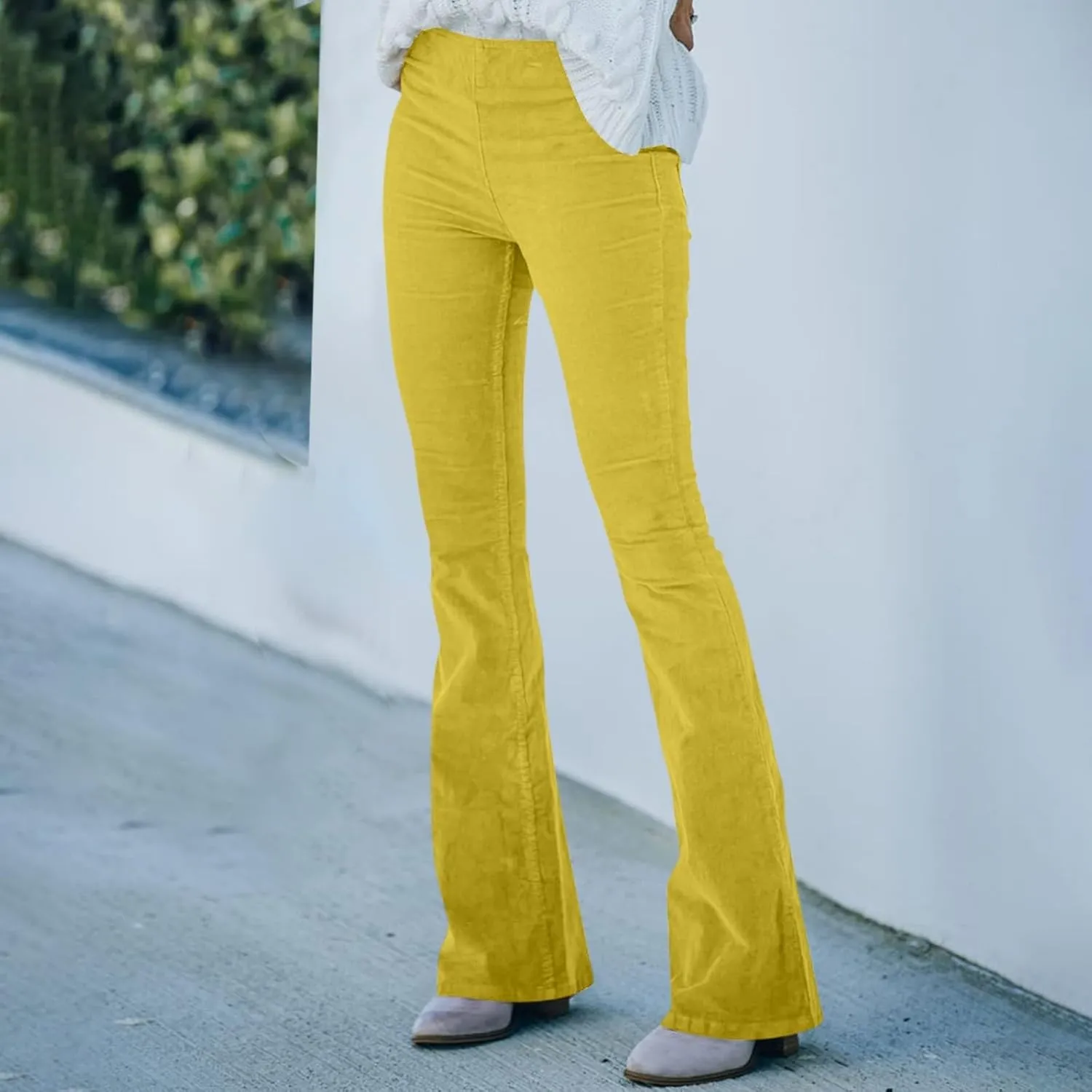 Women's Corduroy Flare Pants Skinny High Waisted Business Casual Pant Side Zipper Wide Leg Trousers with Pockets