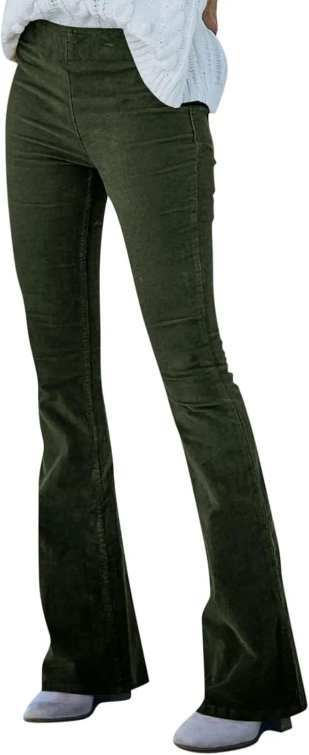 Women's Corduroy Flare Pants Skinny High Waisted Business Casual Pant Side Zipper Wide Leg Trousers with Pockets