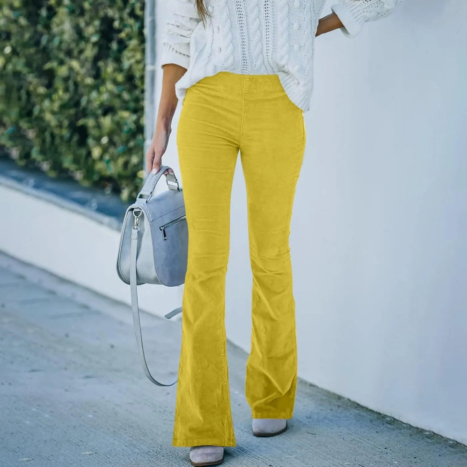 Women's Corduroy Flare Pants Skinny High Waisted Business Casual Pant Side Zipper Wide Leg Trousers with Pockets