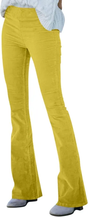 Women's Corduroy Flare Pants Skinny High Waisted Business Casual Pant Side Zipper Wide Leg Trousers with Pockets