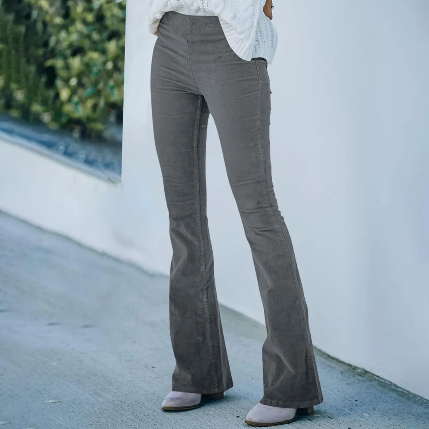 Women's Corduroy Flare Pants Skinny High Waisted Business Casual Pant Side Zipper Wide Leg Trousers with Pockets