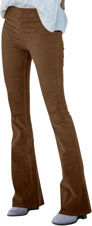 Women's Corduroy Flare Pants Skinny High Waisted Business Casual Pant Side Zipper Wide Leg Trousers with Pockets