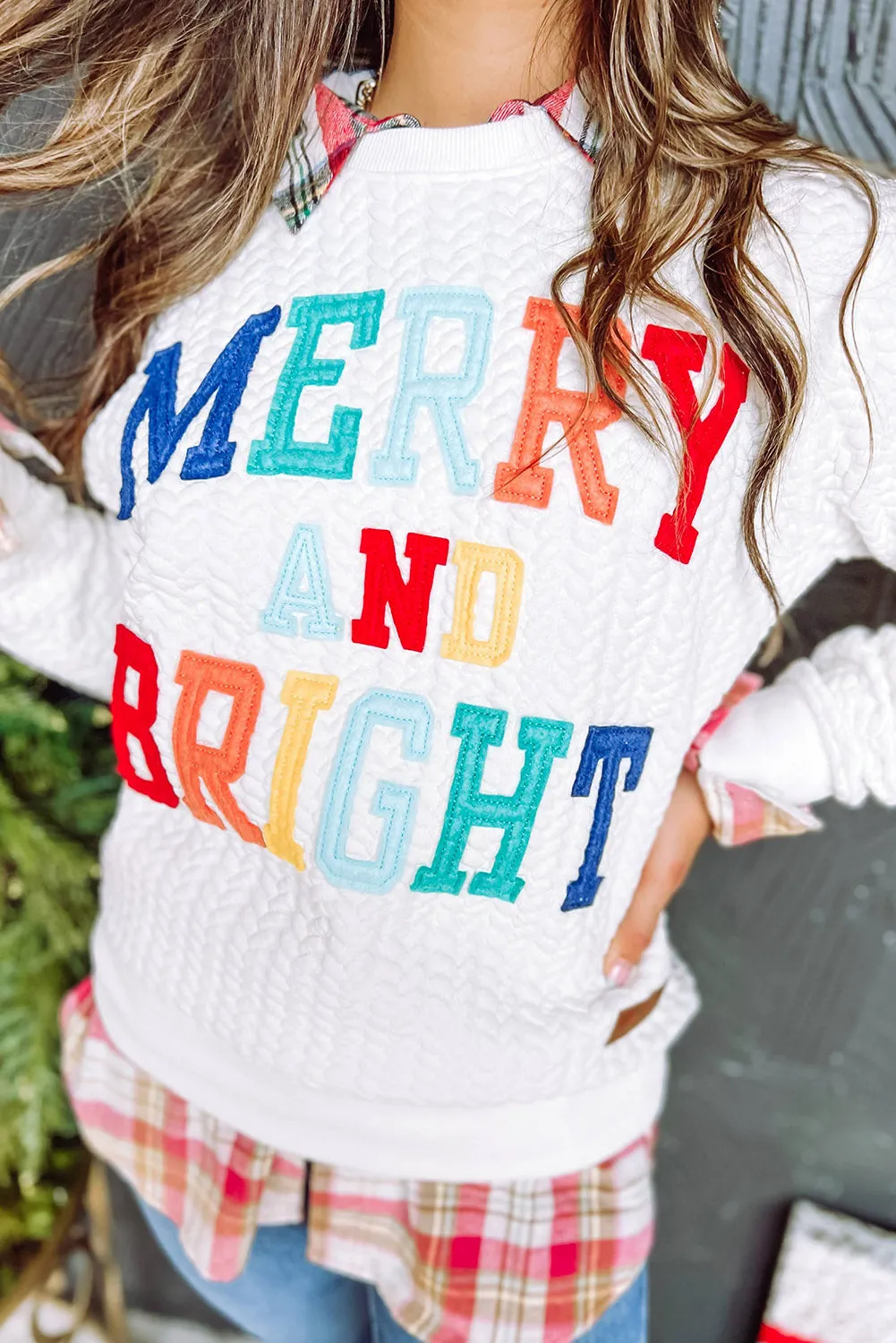 Womens White Merry And Bright Cable Knit Pullover Sweatshirt